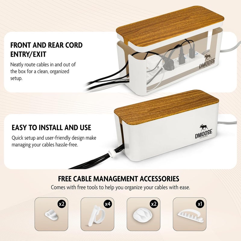DMoose  Cable Management Box - 2 Pack Medium & Large Cord Organizer for Desk & Floor, Cable Organizer Box for Child & Pet - Cable Box Hider for Tidy Office & Home (Wood Print Lid, White Box, Pack of 2) - Image 5